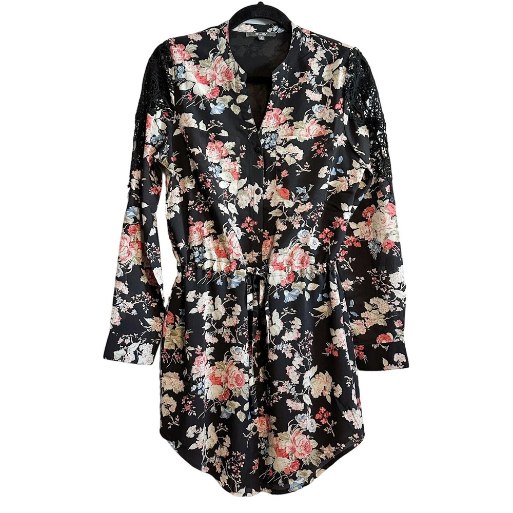 Miss Me Dark Floral Crochet Roll Tab Button Front Sleeve Mini Shirt Dress Size S